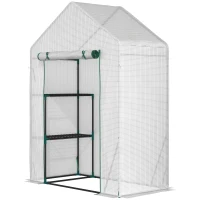 Outsunny Serre de Jardin PE avec Étagères 2 Niveaux, Bâche Renforcée 140 g/m², Porte Zippée Enroulable, 143x73x195cm, Blanc(m-18)