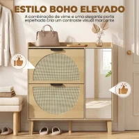 HOMCOM Sapateira Estreita Boho com Espelho, 2 Portas em Rattan, Armário, 10 Pares, Prateleiras Ajustáveis, 94,5x24x96,5 cm, Carvalho(m-4)