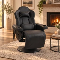 HOMCOM Manual Recliner Armchair PU Leather Lounge Chair w/ Adjustable Leg Rest, 135° Reclining Function, 360° Swivel, Black(m-2)