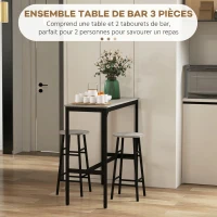 HOMCOM Ensemble table haute de bar + 2 tabourets structure en acier plateau aspect effet bois gris 2 personnes noir(m-4)