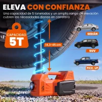 HOMCOM Kit de Gato Hidráulico Eléctrico 5T 12V 14,3-45 cm Luz LED Bomba Aire Llave Hexagonal Martillo Maletín Naranja(m-4)