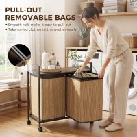 HOMCOM Wasmand Bamboe 2 vakken 120 L Wasverzamelaar met Plank, Wasbox, Verrijdbaar 73x33x78 cm, Bruin(m-7)