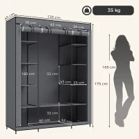 HOMCOM Dulap textil pentru economisirea spațiului, cu bară pentru umerașe și 11 rafturi, 135x45x175 cm, gri, pentru dormitor(m-3)