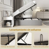 HOMCOM Cama Matrimonial con Almacenamiento Hidráulico 190x140 cm Cama Canapé Estructura de Cama con Somier Tapizada Lino Gris(m-5)
