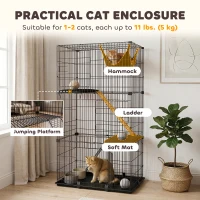 PawHut 3-Tier Large Cat Cage Indoor, Detachable Metal Wire Kennel with Hammock, Platforms, Tray and Cushions for 1-2 Kittens(m-4)