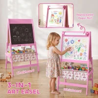AIYAPLAY Art Easel for Kids, 3-in-1 Kids Easel with Chalkboard, Whiteboard, Paper Roll, Storage, Under-Board Shelf for 3-8, Pink(m-4)