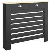 HOMCOM Couvercle de Radiateur, Cache-Radiateur, Grille à Lattes Horizontales avec 2 Tiroirs en Bois, 111 x 19 x 95,5 cm, Noir(m-13)