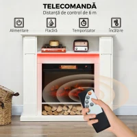 HOMCOM Șemineu Electric 1800W Reglabil cu Flacără 3D, Raft, Timer și Telecomandă, 105x27x97 cm, Alb(m-6)