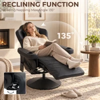 HOMCOM Manual Recliner Armchair PU Leather Lounge Chair w/ Adjustable Leg Rest, 135° Reclining Function, 360° Swivel, Black(m-4)