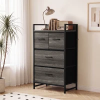 HOMCOM Rustic Chest of Four Fabric Drawers - Grey Wood Effect(m-14)