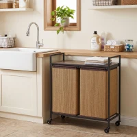 HOMCOM Wasmand Bamboe 2 vakken 120 L Wasverzamelaar met Plank, Wasbox, Verrijdbaar 73x33x78 cm, Bruin(m-15)