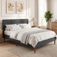 HOMCOM Cadre de Lit 140 x 200 cm avec Sommier Bois, Lit Double Rembourré en Effet Lin, Rangement au-dessous, Sans Bruit, Gris(m-14)