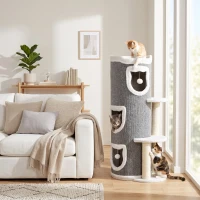 PawHut 101 cm Katzenturm, 3 Ebenen, 3 Schlafhöhlen, Spielbälle, Kratzpfosten, Sisal, Spanplatte, Grau(m-9)