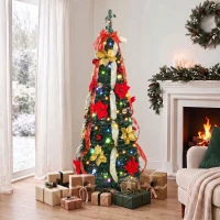 HOMCOM Árvore de Natal Desdobrável 150 cm com 70 Luzes LED, 11 Modos, Comando à Distância e Decoração Incluída, Verde(m-2)