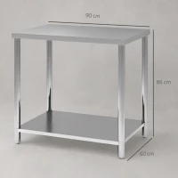 HOMCOM Masă de lucru pentru garaj din oțel inoxidabil, cu 2 rafturi, 100 kg, 90x60x86 cm, argintie(m-3)