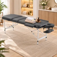 HOMCOM Foldable Massage Bed Portable Table, 3-Section Aluminium Foldable Beauty Couch with Headrest Support, 60 cm Width Black(m-2)