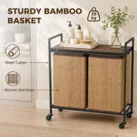 HOMCOM Wasmand Bamboe 2 vakken 120 L Wasverzamelaar met Plank, Wasbox, Verrijdbaar 73x33x78 cm, Bruin(m-8)