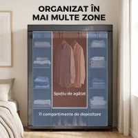 HOMCOM Dulap textil pentru economisirea spațiului, cu bară pentru umerașe și 11 rafturi, 135x45x175 cm, gri, pentru dormitor(m-4)