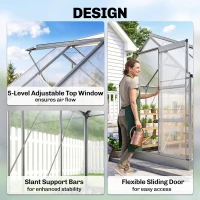 Outsunny 6 x 6ft Walk-In Greenhouse, Polycarbonate Greenhouse with Sliding Door, Window, Aluminium Frame, Foundation, Silver(m-4)