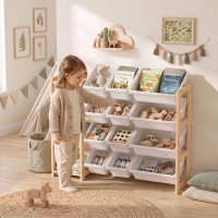 AIYAPLAY Toy Storage Organiser with 3 Shelves and 12 Bins, Wooden Toy Organiser for Playroom, Bedroom, Nursery, Natural(m-2)