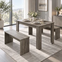 HOMCOM Kitchen Dining Table and 2 Benches Set, Table and Chairs Set for Limited Space, Grey Wood Effect(m-14)