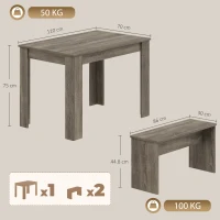 HOMCOM Kitchen Dining Table and 2 Benches Set, Table and Chairs Set for Limited Space, Grey Wood Effect(m-3)