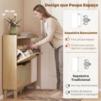 HOMCOM Sapateira Estreita Boho com Espelho, 2 Portas em Rattan, Armário, 10 Pares, Prateleiras Ajustáveis, 94,5x24x96,5 cm, Carvalho(m-7)