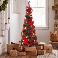 HOMCOM Árbol de Navidad Artificial 150 cm con 100 Luces LED 150 Ramas 11 Modos Bolas, Cintas Soporte Plegable Verde y Rojo(m-8)