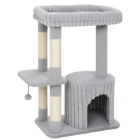 PawHut Arbre à chat, 93 cm arbre à griffer 3 niveaux avec poteaux en sisal, cachette cosy, grande surface de repos, plateforme, jusqu'à 6 kg(m-1)