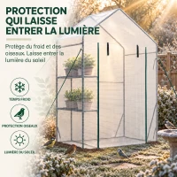 Outsunny Serre de Jardin PE avec Étagères 2 Niveaux, Bâche Renforcée 140 g/m², Porte Zippée Enroulable, 143x73x195cm, Blanc(m-4)