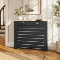 HOMCOM Couvercle de Radiateur, Cache-Radiateur, Grille à Lattes Horizontales avec 2 Tiroirs en Bois, 111 x 19 x 95,5 cm, Noir(m-9)