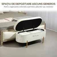 HOMCOM Bancă ovală cu depozitare 72 L, capac rabatabil, tapițată cu catifea, 107 x 42 x 45,5 cm, crem(m-6)