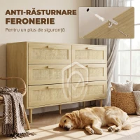 HOMCOM Comodă cu 6 Sertare din Lemn și Ratan Stil Boho pentru Living și Dormitor, 110x40x75 cm(m-6)