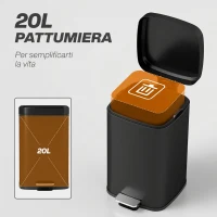 HOMCOM Pattumiera Rettangolare a Pedale 20L in Metallo con Coperchio, Secchio Rimovibile, Anti-impronte, Nero(m-4)