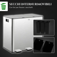 HOMCOM Pattumiera Differenziata 45L con 3 Scomparti a Chiusura Silenziosa, in Acciaio Inox e PP, 61.9x36.6x43.2 cm, Argento(m-7)