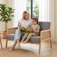 HOMCOM Canapé 2 Places revêtu effet lin avec détails en rotin synthétique Structure en bois Charge 240 kg 115x77x77 cm Gris(m-5)
