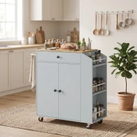 HOMCOM Rolling Kitchen Island with 3-Tier Spice Rack, Kitchen Storage Cart with Drawer and Towel Rack, Light Blue(m-9)