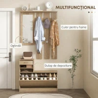 HOMCOM Cuier 3 în 1 cu Suport pentru Pantofi și Oglindă, Cârlige și Sertare, din Lemn, 90x24x177 cm, Culoare Stejar(m-4)