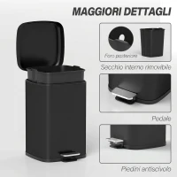 HOMCOM Pattumiera Rettangolare a Pedale 20L in Metallo con Coperchio, Secchio Rimovibile, Anti-impronte, Nero(m-7)