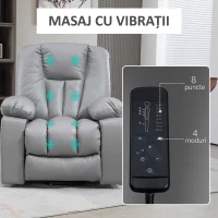 HOMCOM Fotoliu Reclinabil cu Funcție de Ridicare, 8 Puncte de Masaj și Telecomandă, din Microfibră, 94x96x106 cm, Gri(m-6)