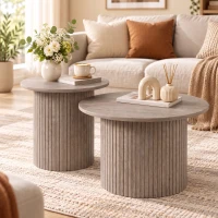HOMCOM Lot de 2 Tables Basses Rondes en Bois, Table d'Appoint Moderne avec Base en Colonne Cannelée, Effet Bois Café Vieilli(m-14)