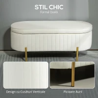 HOMCOM Bancă ovală cu depozitare 72 L, capac rabatabil, tapițată cu catifea, 107 x 42 x 45,5 cm, crem(m-5)