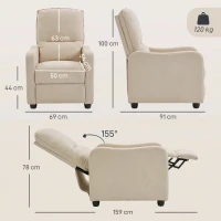 HOMCOM Fauteuil Relax Inclinable Manuel jusqu'à 155° Tissu Effet Lin Repose-pieds Ressorts Ensachés Rembourrage Épais Crème(m-3)