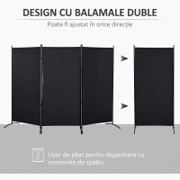 HOMCOM Paravan pliabil de interior cu 3 panouri, realizat din metal și poliester, 253x50x182 cm, negru(m-4)