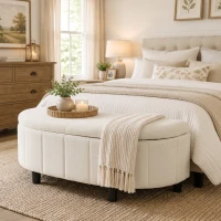 HOMCOM Panca Contenitore Semicircolare in Ciniglia 118x45x44cm, Seduta Imbottita 2 Posti, Coperchio Sollevabile, Crema(m-10)