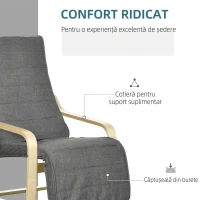 HOMCOM Fotoliu Relax cu Suport pentru Picioare, 5 Niveluri și Tetieră din Lemn de Mesteacăn și Țesătură, Gri(m-5)