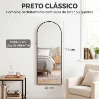 HOMCOM Espelho de Parede 40x110 cm com Design Arqueado e Ganchos Ajustáveis para Porta ou Parede, Preto(m-7)