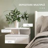 HOMCOM Set de 2 Noptiere Moderne Suspendate cu Sertar și Raft din Lemn 35x32x22,5cm, Alb Lucios(m-5)