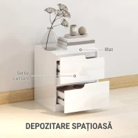 HOMCOM Noptieră modernă din lemn cu 2 sertare și design lucios, 40x40x48 cm, alb(m-5)
