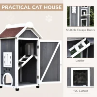 PawHut Wooden Cat House, Weatherproof Pet Shelter, Outdoor Cat Condos Cave, 2 Floor Furniture, Grey and White(m-7)